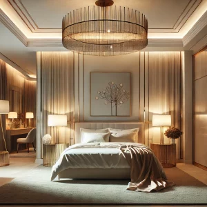 An elegant bedroom with a modern chandelier. The room has a minimalist design with clean lines, a large bed, and soft, ambient lighting. The decor inc