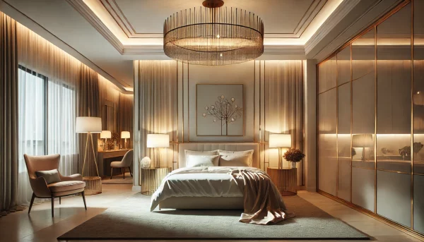 An elegant bedroom with a modern chandelier. The room has a minimalist design with clean lines, a large bed, and soft, ambient lighting. The decor inc