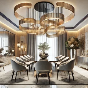 A stylish dining room featuring a modern chandelier with abstract design and metallic elements. The room includes contemporary furniture, elegant deco
