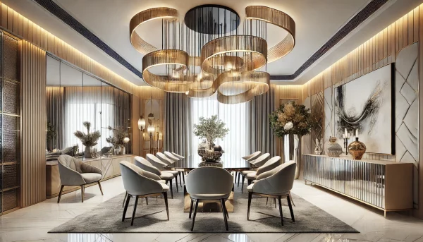 A stylish dining room featuring a modern chandelier with abstract design and metallic elements. The room includes contemporary furniture, elegant deco