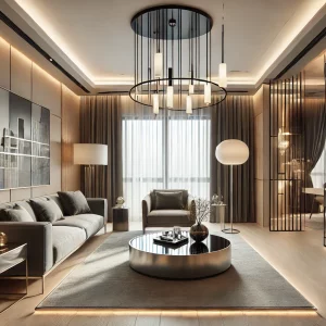 A modern living room with sleek and elegant decor, featuring a chandelier with a minimalist design and LED lighting elements. The room has contemporar