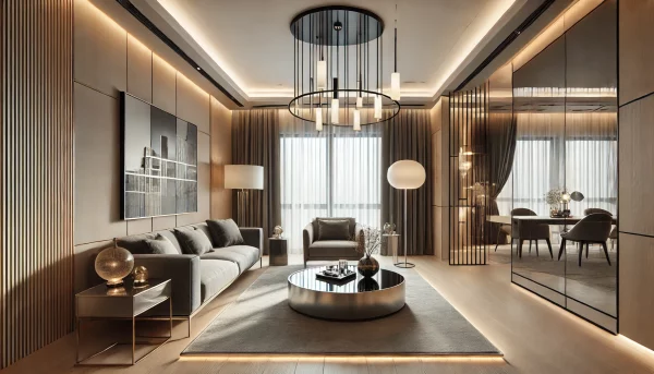 A modern living room with sleek and elegant decor, featuring a chandelier with a minimalist design and LED lighting elements. The room has contemporar