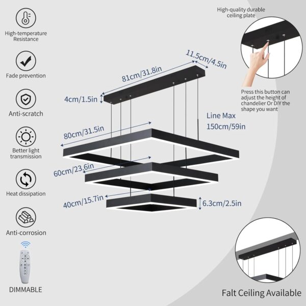 Sleek Dimmable LED Chandelier Light Fixture dimension